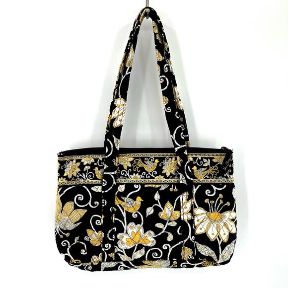 Vera Bradley Tote Shoulder Bag Medium Size Black Yellow Floral Print Pockets - Picture 5 of 8